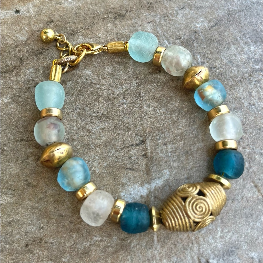 SOLD Boho Aquamarine Bracelet Ghanaian Recycled Glass African Lost Wax Brass